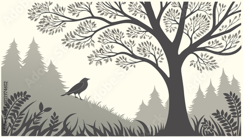 Silhouette of a bird perched on a hill near a tree and a forest landscape