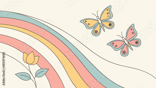 Retro butterflies and rainbow isolated on in pastel colors