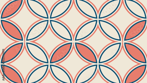 Seamless geometric pattern with interlocking circles in coral and navy blue