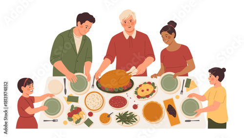 Family Feast: A heartwarming family scene as they gather around a bountiful table laden with a delicious feast, fostering togetherness and joy.