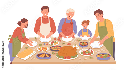 Family Feast: A cheerful family gathering together at a table laden with a delicious, bountiful spread, celebrating a special occasion with love and togetherness. 