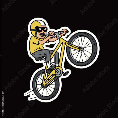 BMX Biking Stunt Man Doing a Wheelie: Extreme Sports Cartoon Sticker Character Riding Yellow Bicycle and Wearing Helmet and Goggles