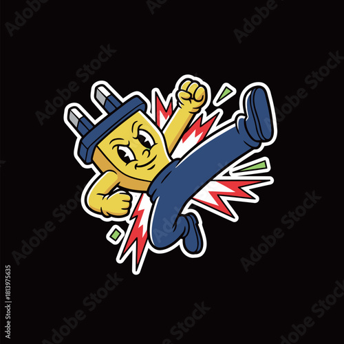 Kung Fu Electric Plug Mascot Cartoon Sticker: Yellow Character Kicking with Energy Flash Symbolizing Power and Technology