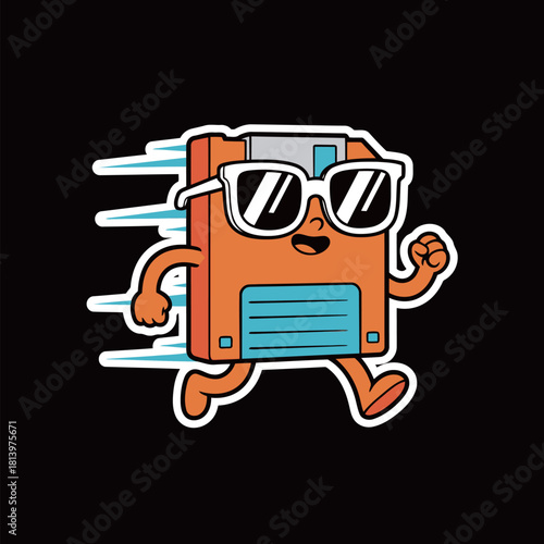 Running Floppy Disk Mascot Cartoon Sticker: Vintage Tech Character with Sunglasses Moving Fast for Data, Speed, or Retro Computing Concept