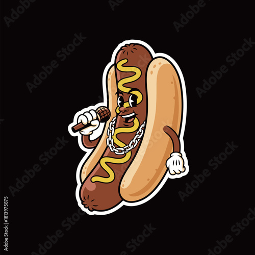 Cool Rapper Hot Dog Mascot Cartoon Sticker with Microphone: Hip Hop Food Character Wearing Chain and Singing for Entertainment or Street Food