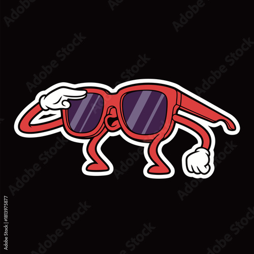 Saluting Sunglasses Mascot Cartoon Sticker: Red Eyewear Character Shading Eyes and Looking Ahead for Vision, Summer, or Cool Concept