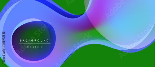 Abstract fluid shapes overlap, creating vibrant color gradients. Green background complements blue, purple hues. Design features text box.