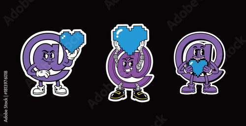 At Sign Mascot Cartoon Sticker Holding Pixel Heart: Internet Symbol Character Showing Love for Technology, Email, and Digital Communication