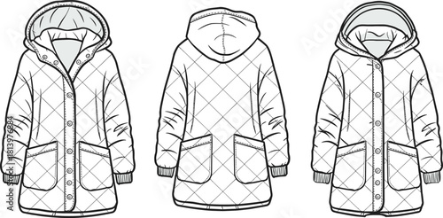 Cad drawing flat vector illustration, quilted hooded coat sketch, button front, patch pockets, ribbed cuffs, front back view, fashion template