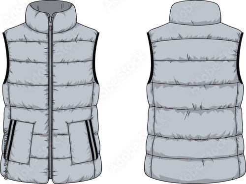 Cad drawing flat vector illustration, sleeveless puffer vest sketch, front and back view, quilted design, zipper pockets, fashion template