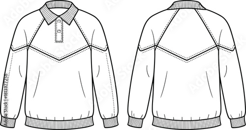 Cad drawing flat vector illustration, long sleeve pullover sketch, chevron yoke, button placket, ribbed hem, front back view, garment template