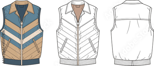 Cad drawing flat vector illustration, sleeveless zip vest sketch, chevron pattern front, technical back view, fashion design, garment template