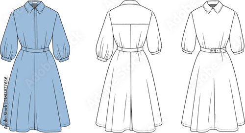 Cad drawing flat vector illustration, puff sleeve dress sketch, collared neckline, belted waist, button front, flared skirt, fashion template