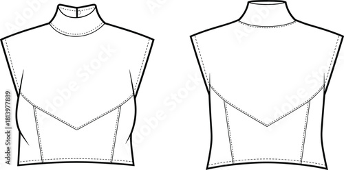 Cad drawing flat vector illustration, sleeveless top technical sketch, V-seam bodice, front back view, contour shading, fashion design template