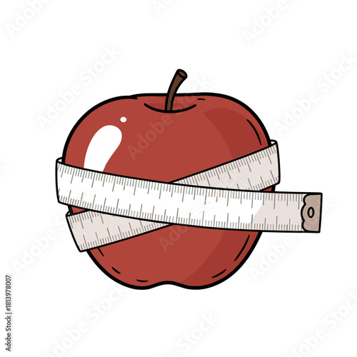 Red apple wrapped with measuring tape for healthy lifestyle concept  
