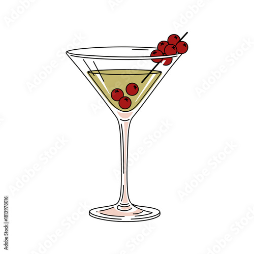 Martini cocktail with red berries in a glass stemware  