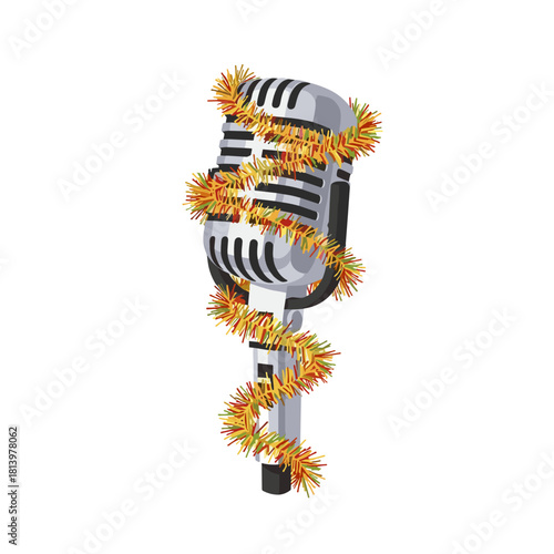 Microphone wrapped in colorful tinsel decoration for celebration  
