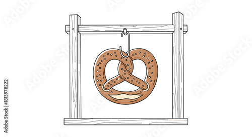 Pretzel hanging on wooden stand in minimalistic style  