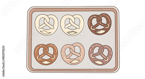 Pretzel dough in various colors arranged on baking sheet  