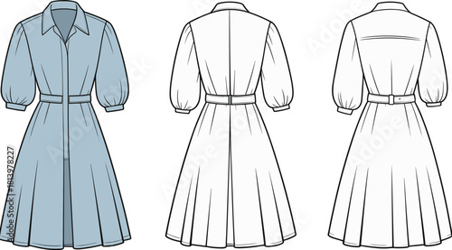 Cad drawing flat vector illustration, belted collared dress sketch, puff sleeves, button front, back view, fashion design, garment template