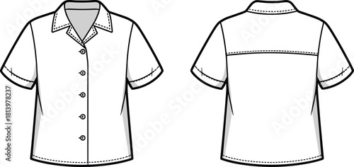 Cad drawing flat vector illustration, short sleeve shirt sketch, button front, collar detail, back yoke, fashion design, garment template