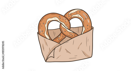 Pretzels wrapped in paper bag on white background  