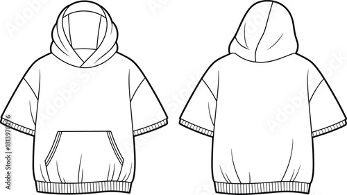 Cad drawing flat vector illustration, short sleeve hoodie sketch, kangaroo pocket, ribbed hem, large hood, front back view, garment template