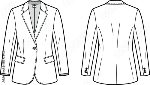 Cad drawing flat vector illustration, tailored blazer sketch, front and back view, notched lapel, flap pockets, princess seams, fashion template