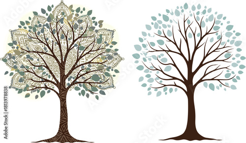 Decorative mandala patterned tree and minimalist leaf tree illustration, nature art design, spiritual growth concept, boho botanical vector