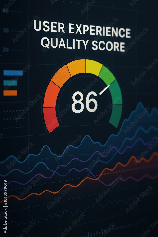 Fototapeta premium Customer experience interaction data concept. User experience quality score displayed on a gauge with data visualization.