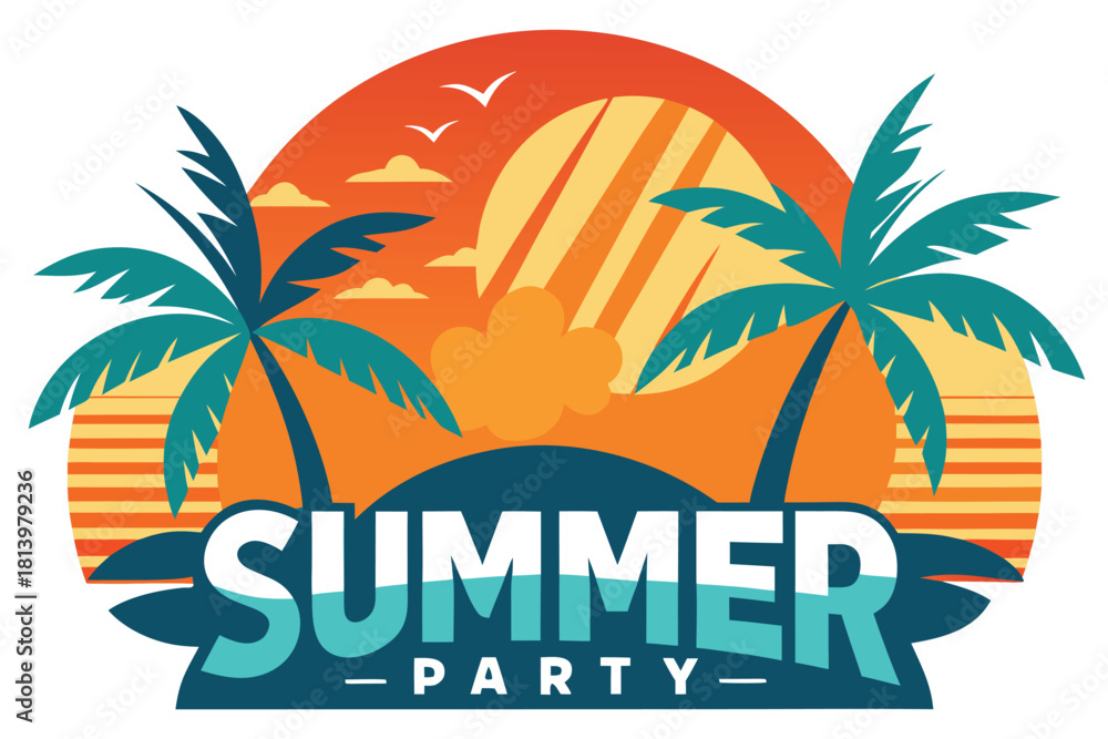 Naklejka premium Vibrant retro summer party design with teal palm trees, a radiant orange sunset, and bold typography. Perfect for event promotions, travel ads, lifestyle branding, and outdoor celebration visuals.