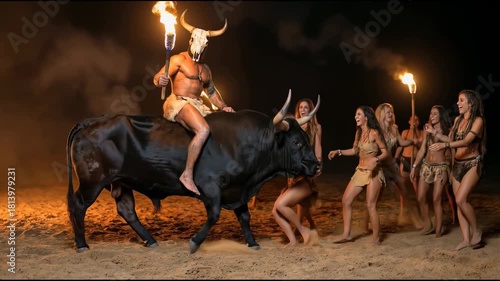 Wallpaper Mural A man wearing a horned mask rides a black bull while holding a flaming torch, surrounded by women in tribal outfits who stand smiling around him, all illuminated by large bonfires on the night sand Torontodigital.ca