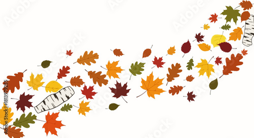 A whimsical illustration of autumn leaves and mummy bandages swirling in a dynamic composition against a white background.