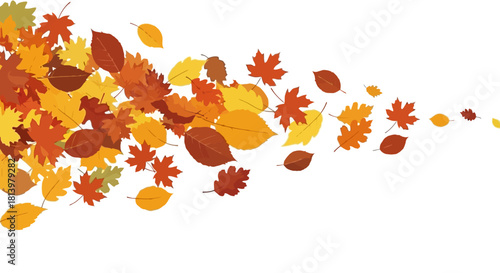 A vibrant cascade of colorful autumn leaves blowing in the wind on a white background.