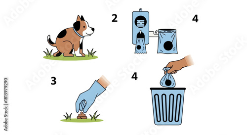 Illustration showing the four steps of cleaning up after a dog defecates outdoors.