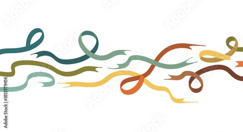 Abstract banner of colorful flowing ribbons in a dynamic, wavy pattern on a white background.