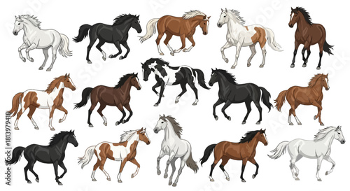 A collection of horses with different colors and markings.