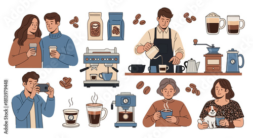 Illustration of people enjoying coffee, with coffee beans, machines, and mugs.