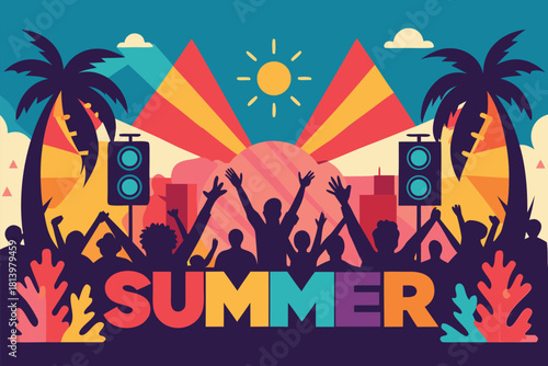 Vibrant outdoor summer festival scene with cheering crowd, palm trees, bold speakers, and colorful geometric backdrop. Energetic hues evoke music, celebration, togetherness, and sunny party vibes.