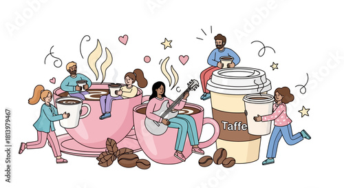 A diverse group of friends enjoying coffee together in and around giant cups, with one playing a guitar.