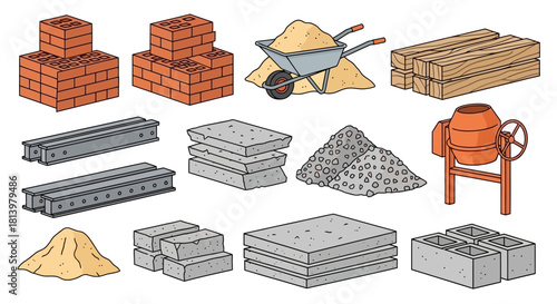 Illustration of construction materials including bricks, sand, wood, concrete, and a cement mixer.