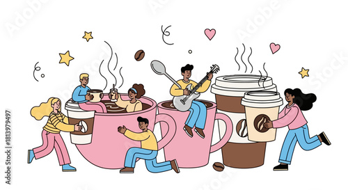 Diverse group enjoying coffee, some inside giant cups, one playing guitar.