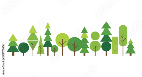 A stylized illustration of a diverse forest with various green trees in different shapes and sizes.