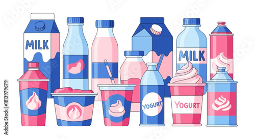 A collection of various dairy products including milk, yogurt, and whipped cream in colorful packaging.