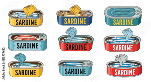 A collection of nine open and closed cans of sardines in various colors and designs.