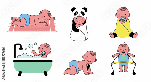 A collection of six adorable illustrations depicting babies in various everyday activities and poses.