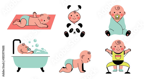 Set of cute cartoon babies in various poses and activities, including playing, bathing, crawling, and dressed in a panda costume illustration.