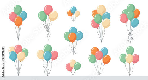 Collection of colorful balloon bouquets, perfect for celebrations, parties, and festive occasions, with various arrangements.