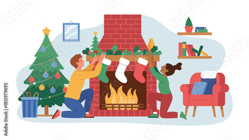 Festive Fireplace: A couple adorns a brick fireplace with stockings. Festive spirit as they celebrate the Christmas holiday.