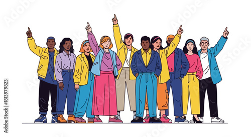 Diverse group of people pointing upwards with determination and unity, celebrating teamwork and shared success